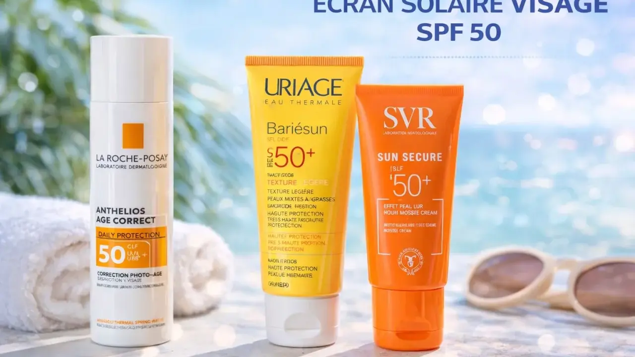 Crème solaire visage tous les jours : La Roche-Posay, Uriage et SVR SPF 50. Protection quotidienne pour une peau éclatante.