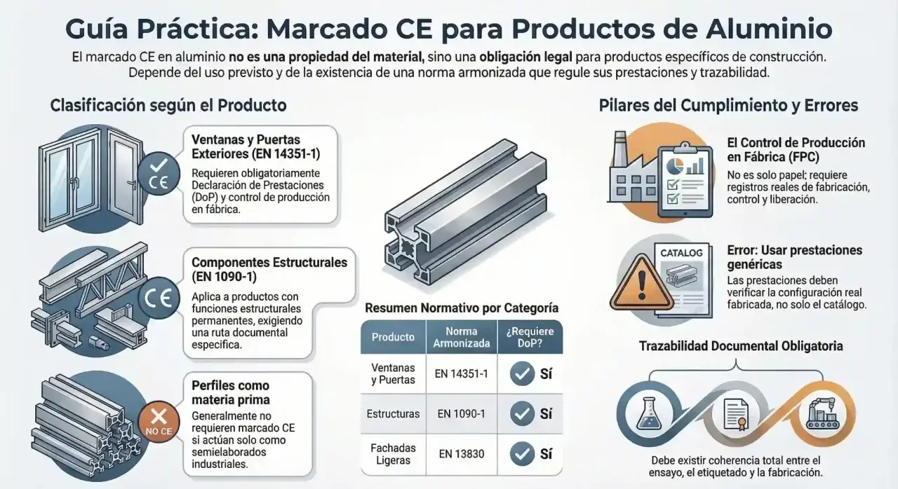 Guía sobre el marcado CE para aluminio: ventanas, estructuras y perfiles. Detalla requisitos y normas.