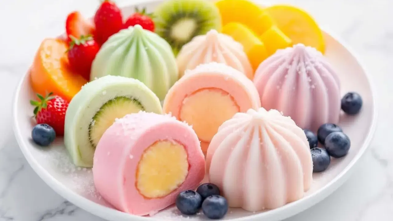 Assortiment coloré de mochis glacés aux fruits, parfaits pour une recette mochi glacé facile et gourmande. Fraises, kiwis, mangues et myrtilles accompagnent ces délices.