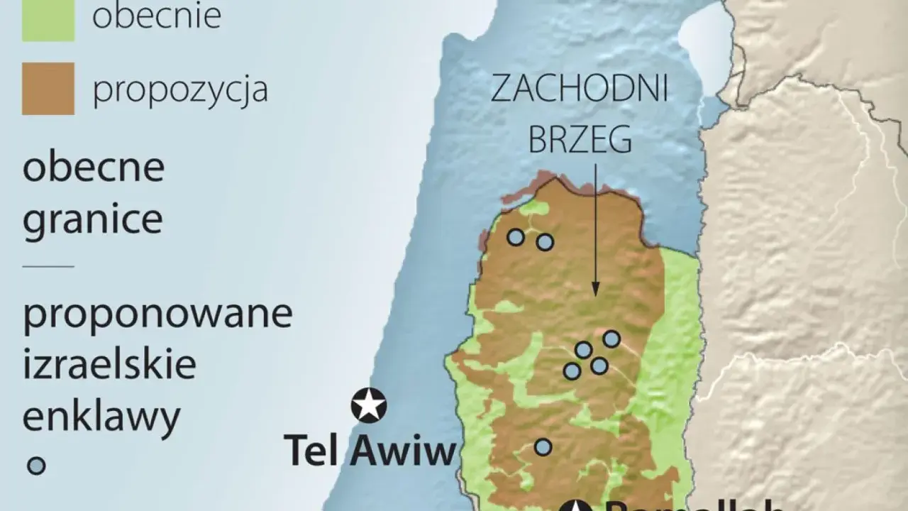 Mapa Zachodniego Brzegu z zaznaczonymi obecnymi i proponowanymi granicami. Izrael jaki kontynent? To skomplikowana kwestia.