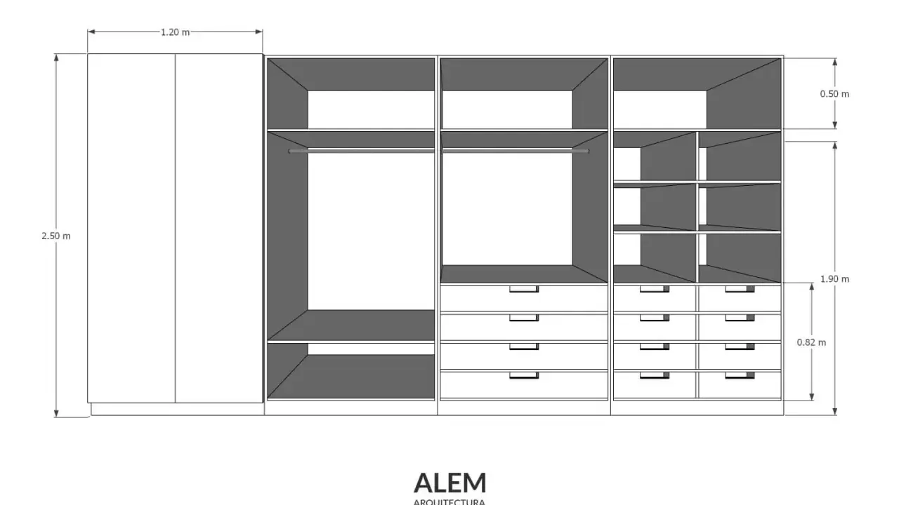 Plano de armario modular de 2.50 m de alto y 1.20 m de ancho, con compartimentos para colgar y cajones.