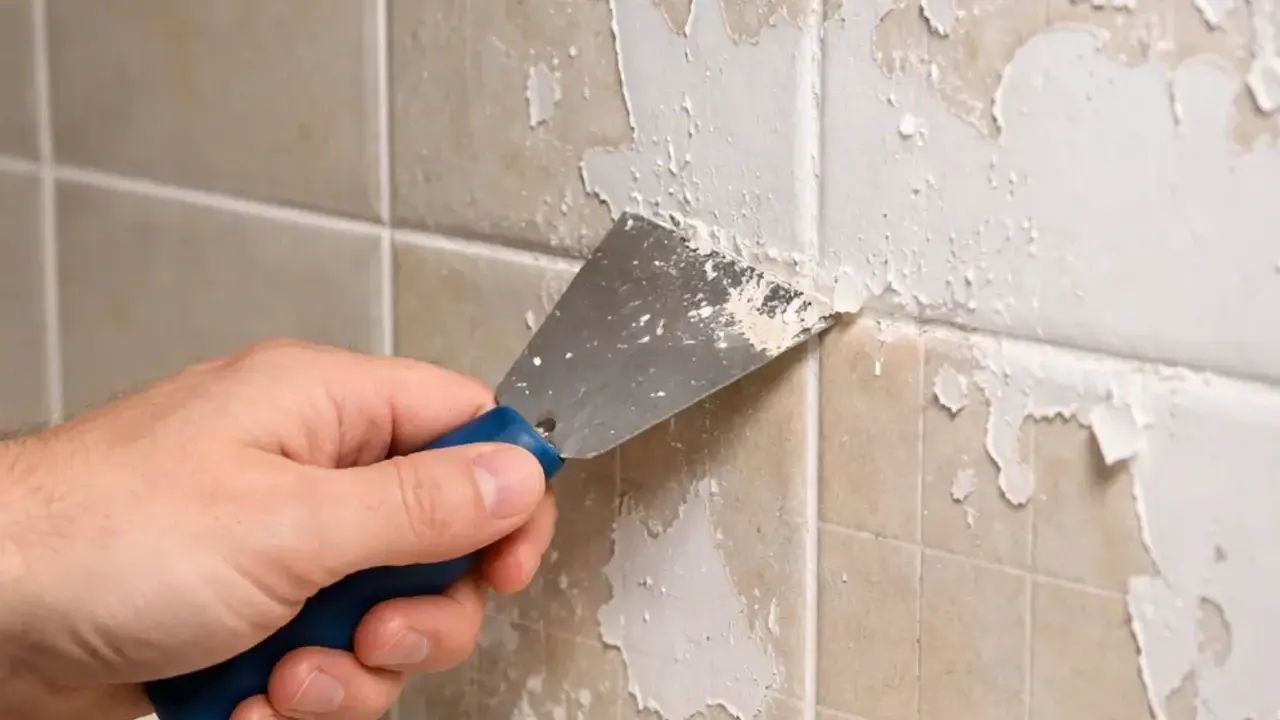 Main tenant enlever peinture sur carrelage avec une spatule. La peinture s'écaille sur les carreaux beiges.