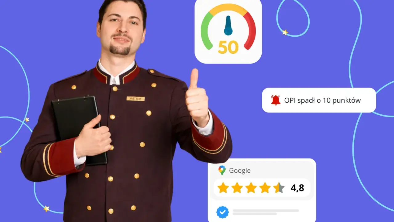 Uśmiechnięty pracownik hotelu z tabletem, kciukiem w górę, pokazuje wyniki monitoringu internetu: wskaźnik 50, spadek OPI o 10 punktów i ocenę Google 4,8.