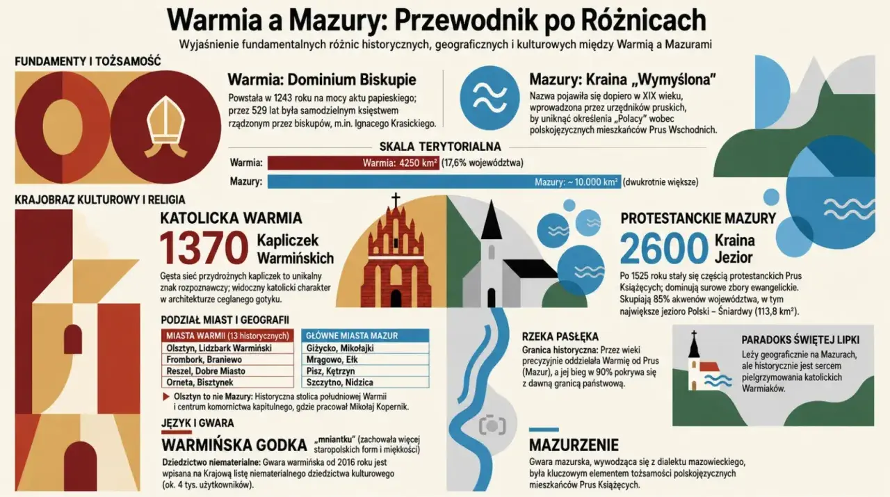 Mapa przedstawia różnice między Warmią a Mazurami, pokazując ich historię, kulturę i krajobraz. Gdzie są Mazury? Na północnym wschodzie Polski, krainę jezior.