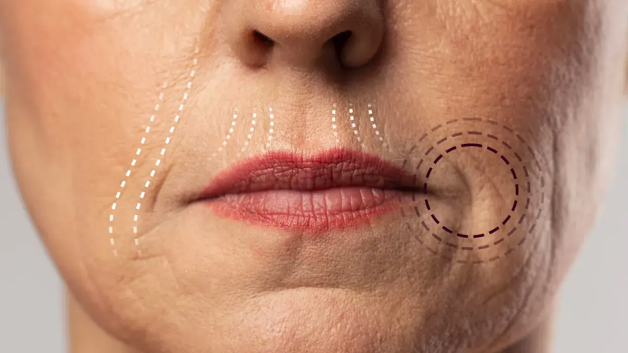 Primo piano del volto di una donna con linee tratteggiate che indicano le aree interessate da rughe naso labiali, suggerendo come eliminare le rughe naso labiali.