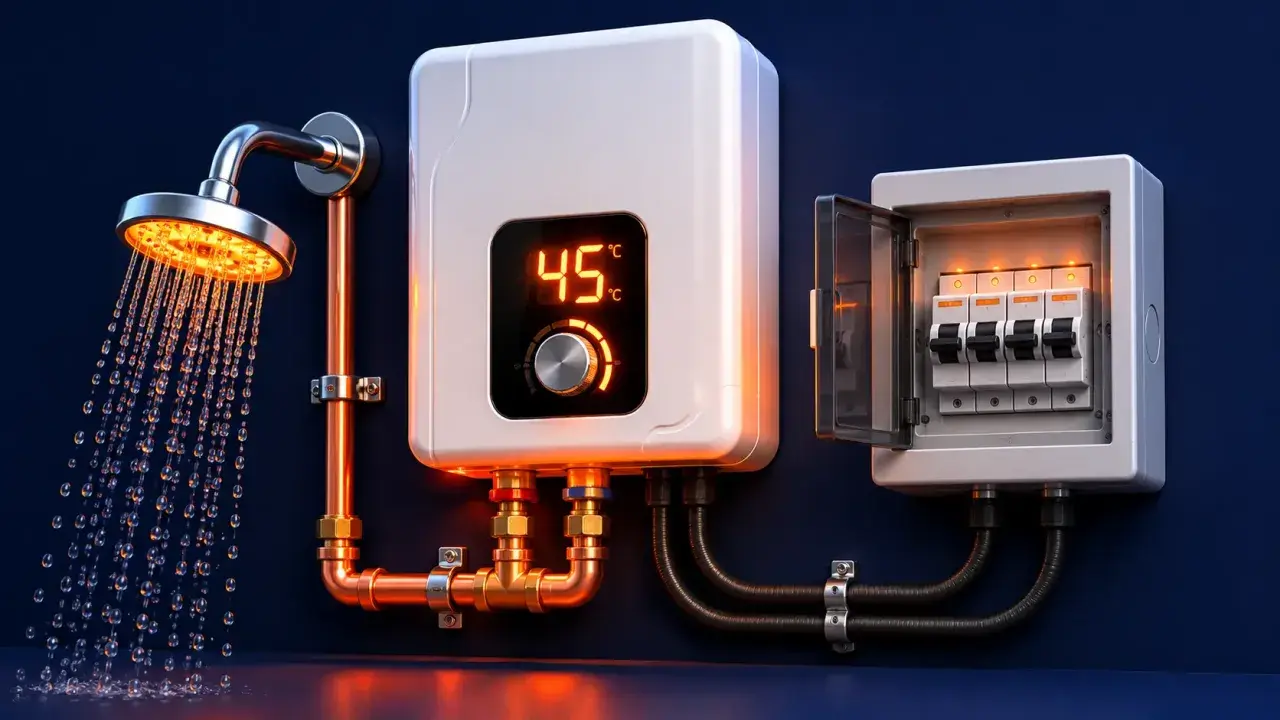 Moderner durchlauferhitzer starkstrom mit digitaler Anzeige (45°C) und Sicherungskasten. Warmes Wasser für die Dusche.