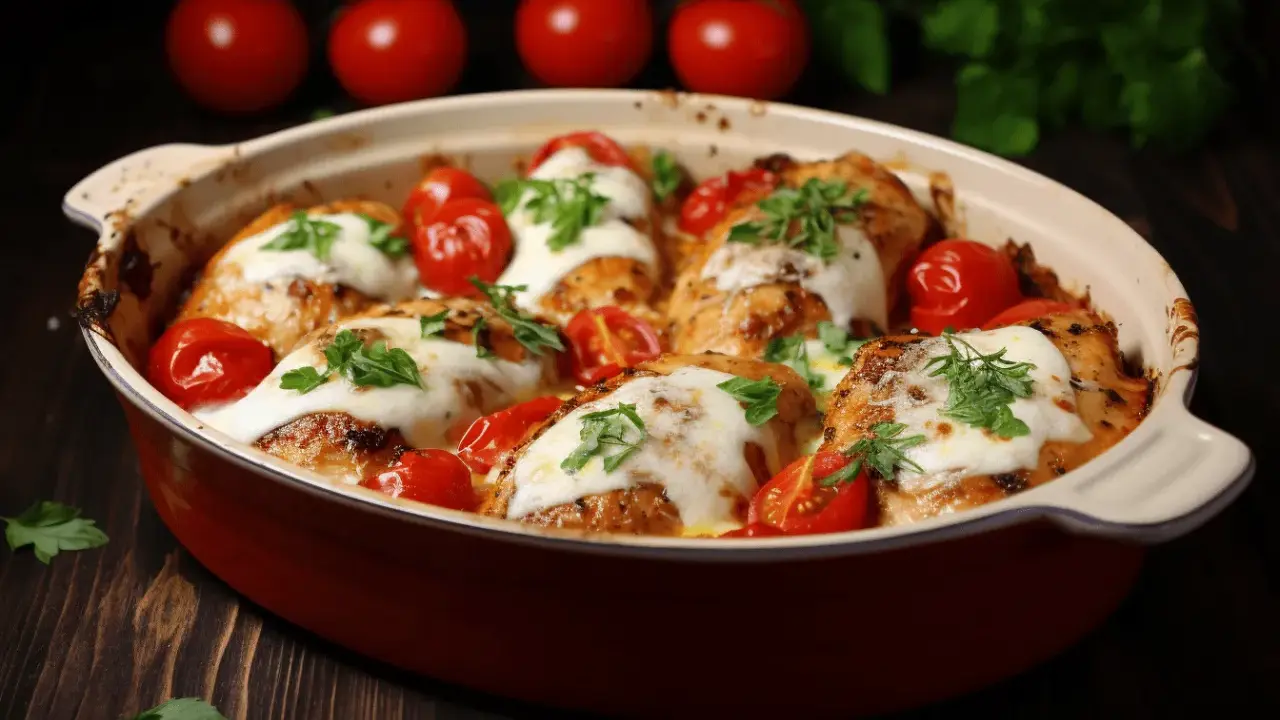 Pyszny filet z kurczaka zapiekany z mozzarellą i pomidorami, posypany świeżą natką pietruszki, w ceramicznym naczyniu.