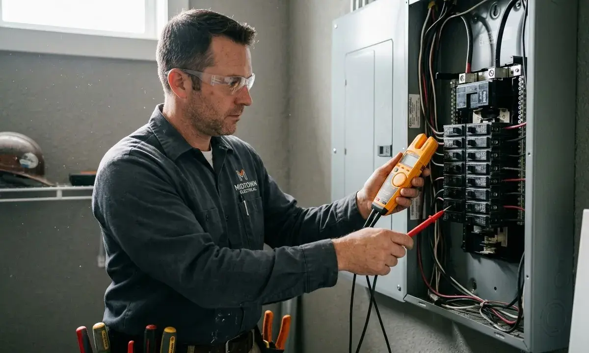 Elektriker kontrollerar elcentralen, inklusive huvudbrytare 40a, med en multimeter.
