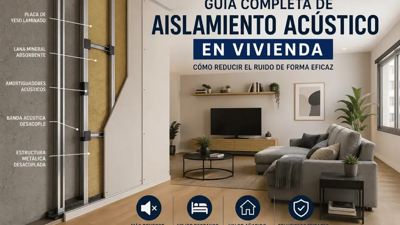 Detalle de materiales acústicos en una pared: lana mineral, amortiguadores y estructura metálica. Guía de aislamiento en vivienda.