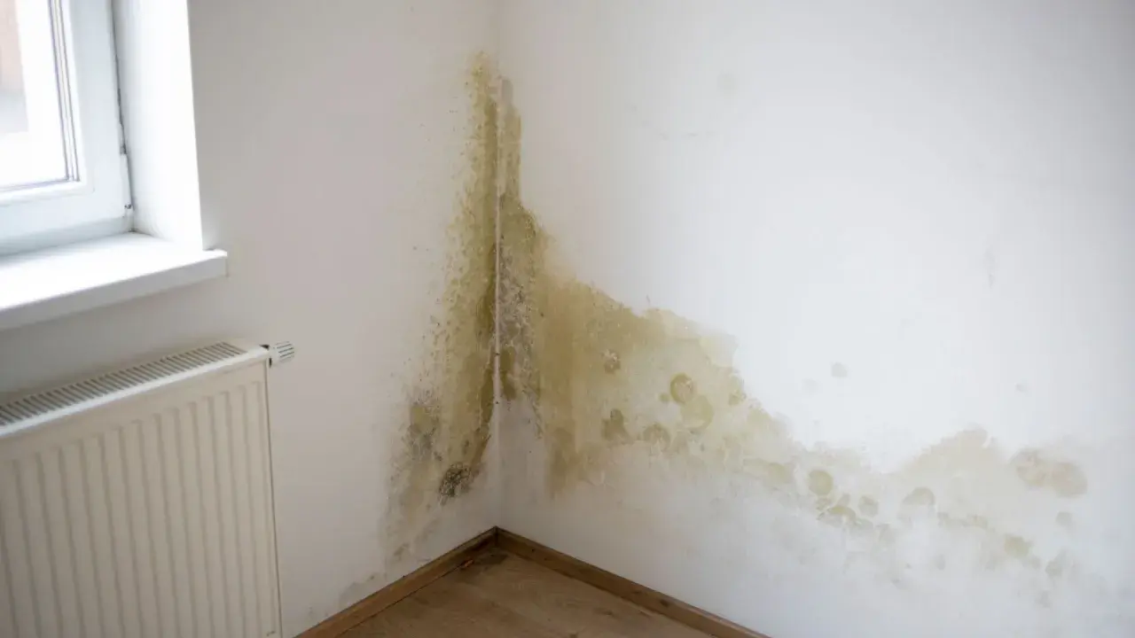 Manchas de moho y humedad en la esquina de una pared blanca, cerca de una ventana y un radiador. Es hora de pintar humedades.