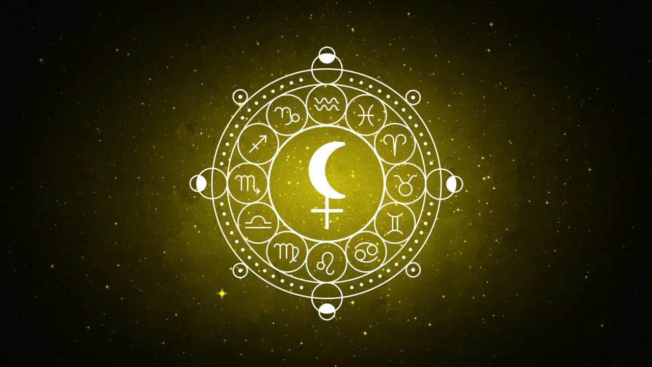 Obracający się symbol Lilith w Wodniku, otoczony znakami zodiaku i fazami księżyca, na tle gwieździstego nieba.