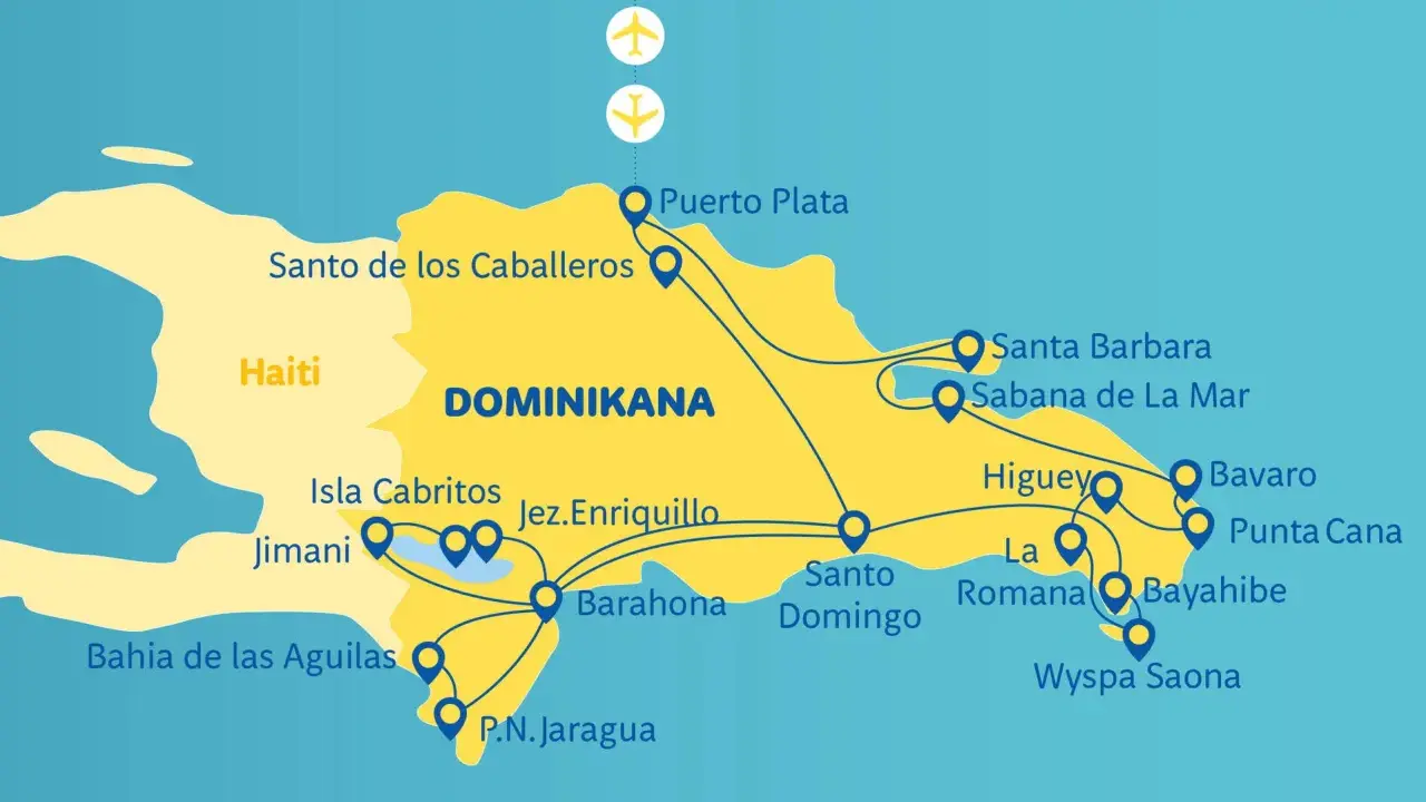 Mapa Dominikany z zaznaczonymi atrakcjami: Puerto Plata, Santo Domingo, Punta Cana, Wyspa Saona. Planuj podróż i odkryj, co zobaczyć w Dominikanie!