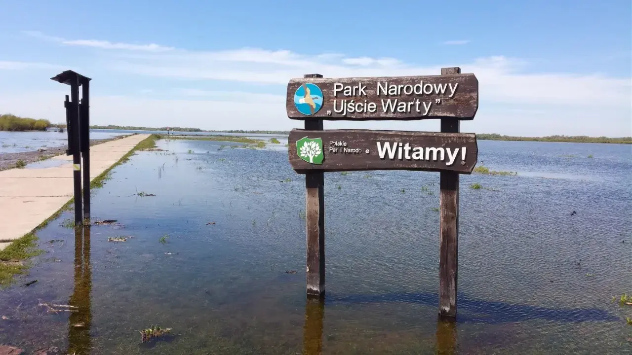 Witaj w polskim parku narodowym Ujście Warty! Droga zalana wodą, a obok tablica powitalna.