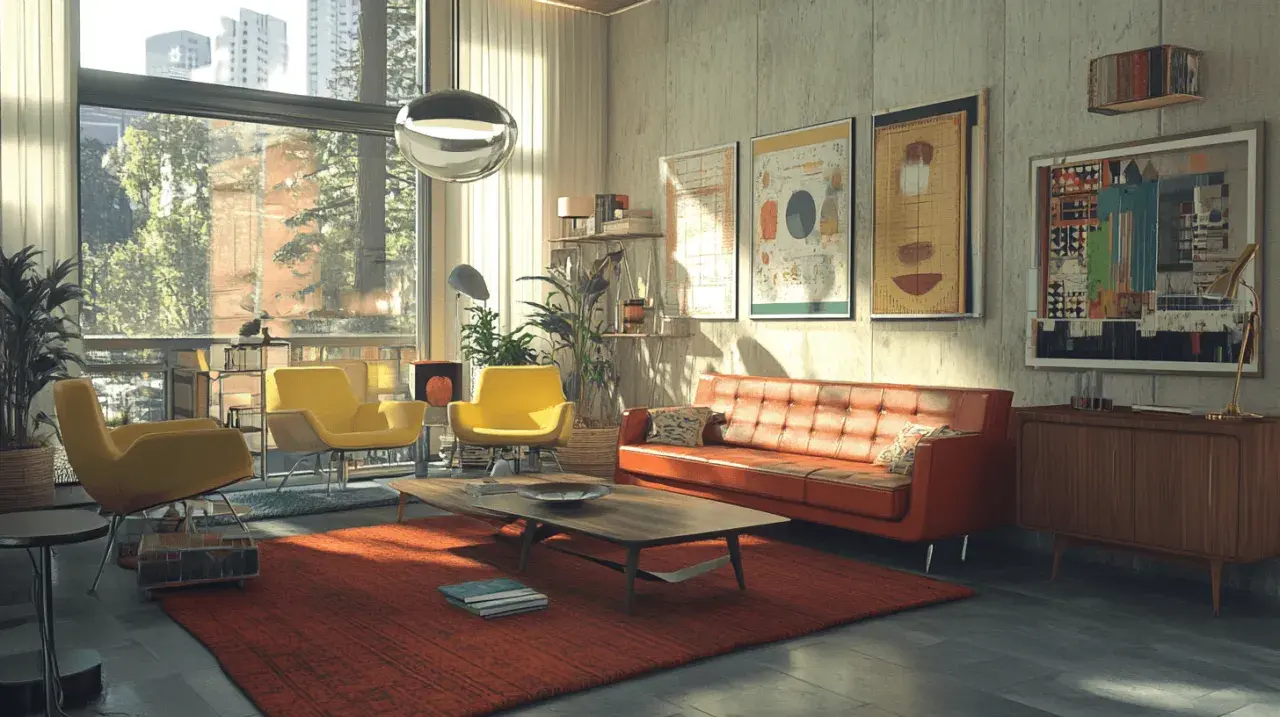 Gemütliches Wohnzimmer im Midcentury Stil mit orangefarbenem Sofa, gelben Sesseln und einem Holztisch.