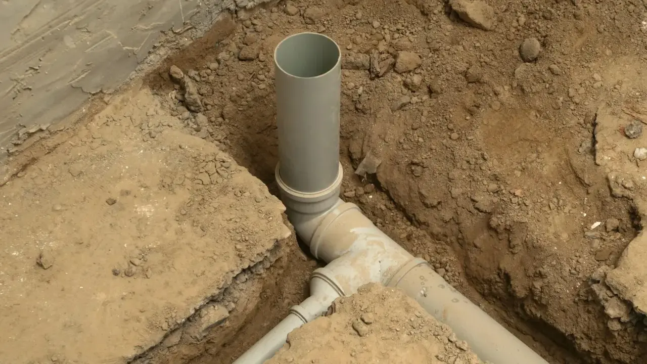 System kanalizacji w domu w trakcie budowy. Szare rury PVC połączone w wykopie ziemnym.
