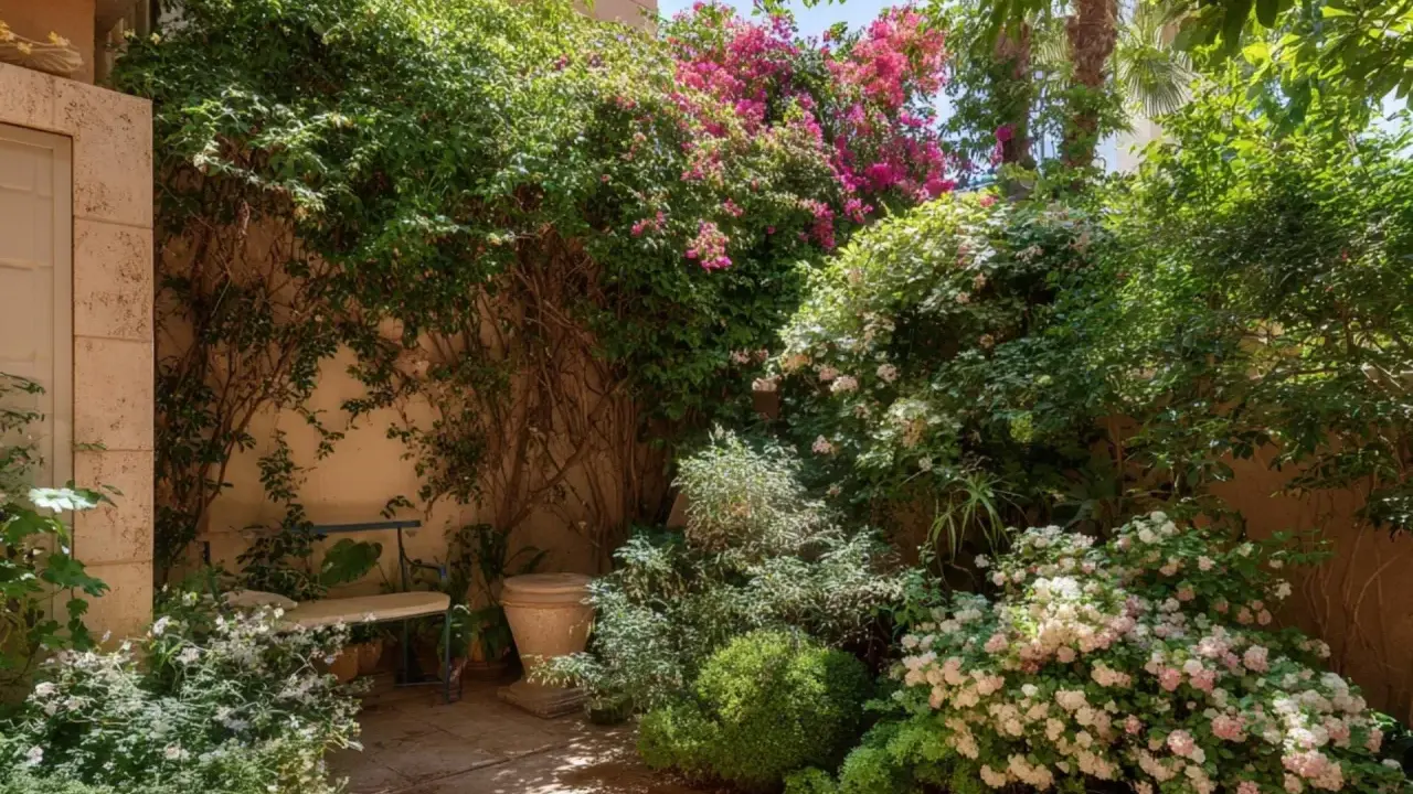 Un patio soleado con exuberantes plantas trepadoras que no ensucian, cubriendo muros y creando un oasis verde con flores rosas y blancas.