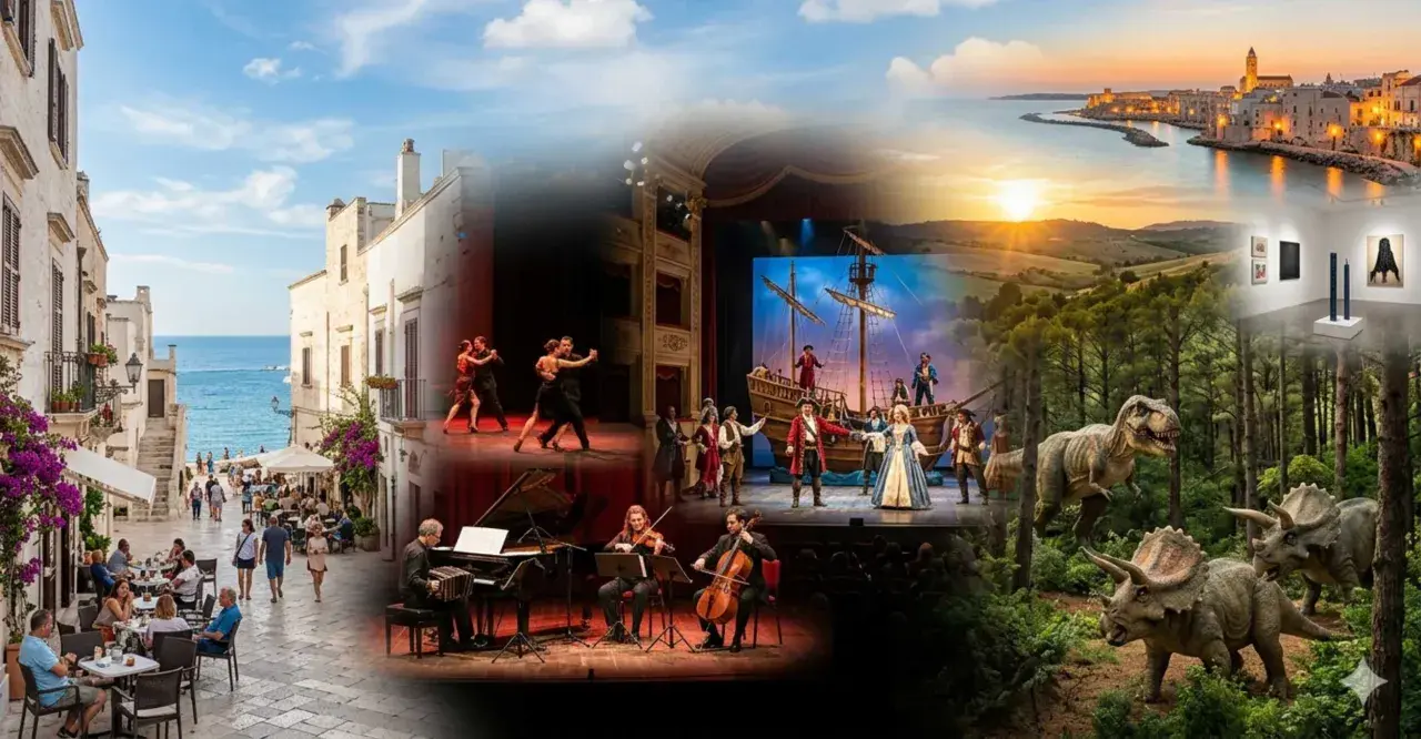 Eventi stasera in Puglia: balli, teatro, concerti, mostre e dinosauri in un collage di divertimento e cultura.