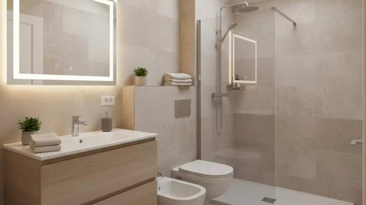 Bagno elegante piccolo con lavabo in legno, specchio luminoso, doccia walk-in e bidet.