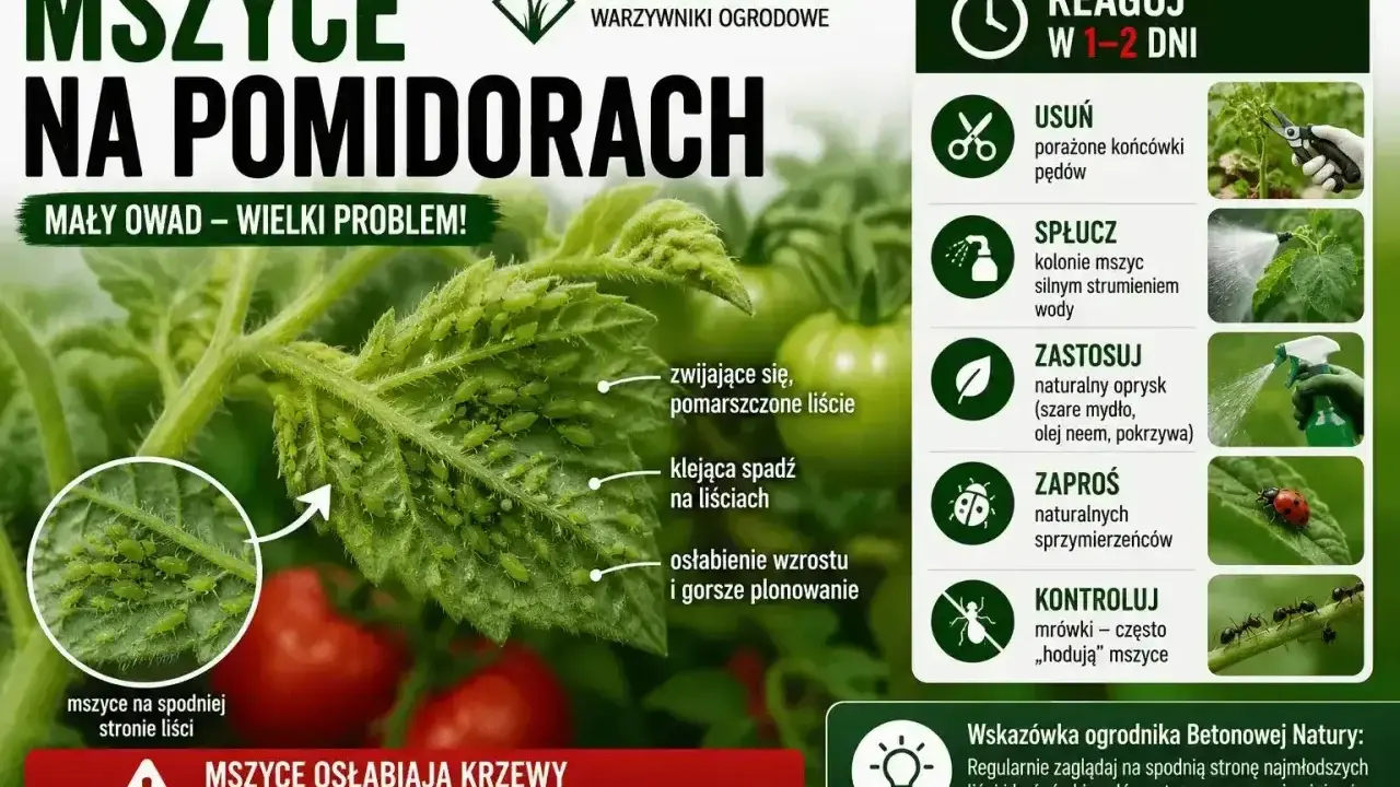 Mszyce na pomidorach – mały owad, wielki problem. Kolonie zielonych mszyc żerują na liściach, osłabiając rośliny.