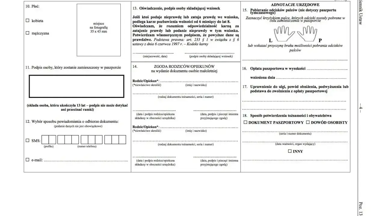 Formularz paszportowy. Sekcja 18 pyta o sposób potwierdzenia tożsamości i obywatelstwa, czy potrzebny jest paszport na Maltę.