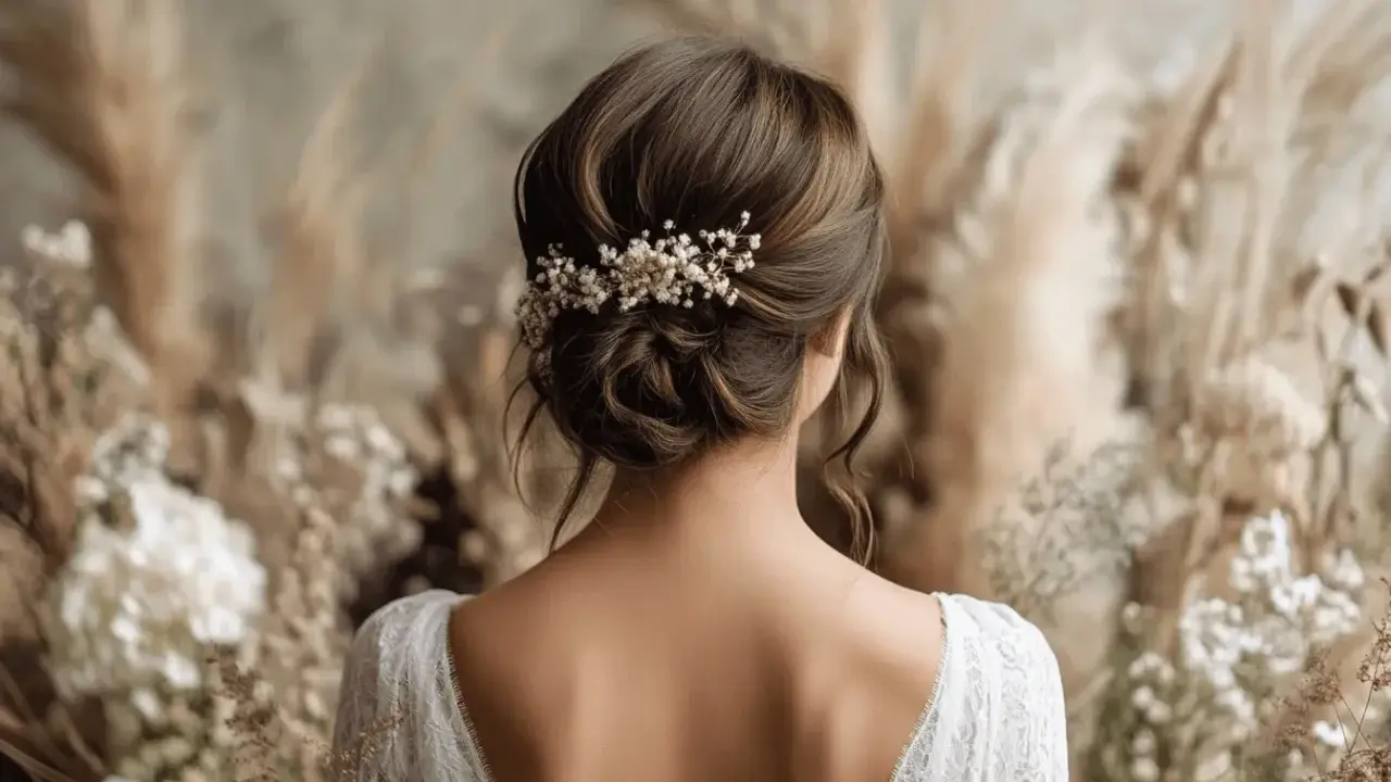 Elegante peinado de novia con un recogido bajo adornado con delicadas flores blancas. El vestido de encaje y el fondo de pampas completan el look nupcial.