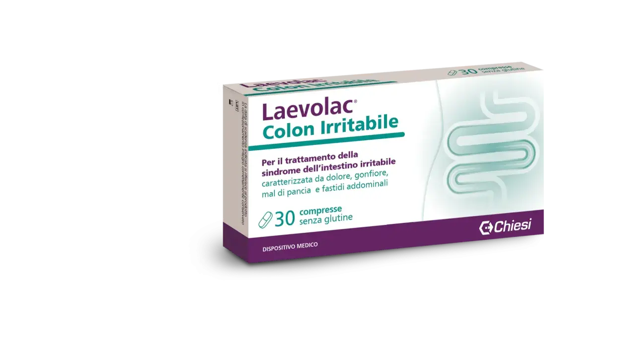 Confezione Laevolac Colon Irritabile, 30 compresse senza glutine, per il trattamento della sindrome dell'intestino irritabile. Contiene mebeverina cloridrato.