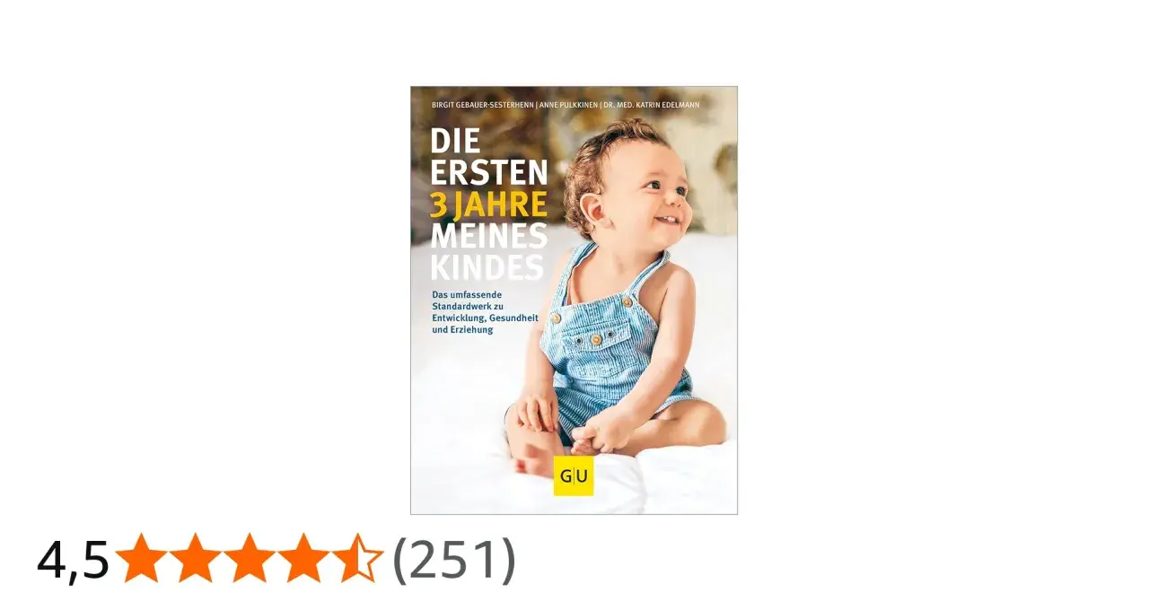 Ein lächelndes Baby in Latzhose auf dem Cover eines Ratgebers zur kind 3 jahre entwicklung.