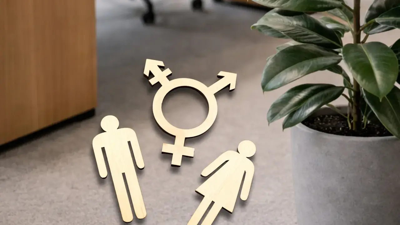 Holzfiguren von Mann, Frau und Transgender-Symbol liegen auf dem Boden. Ein Zeichen für fußgänger gendern.