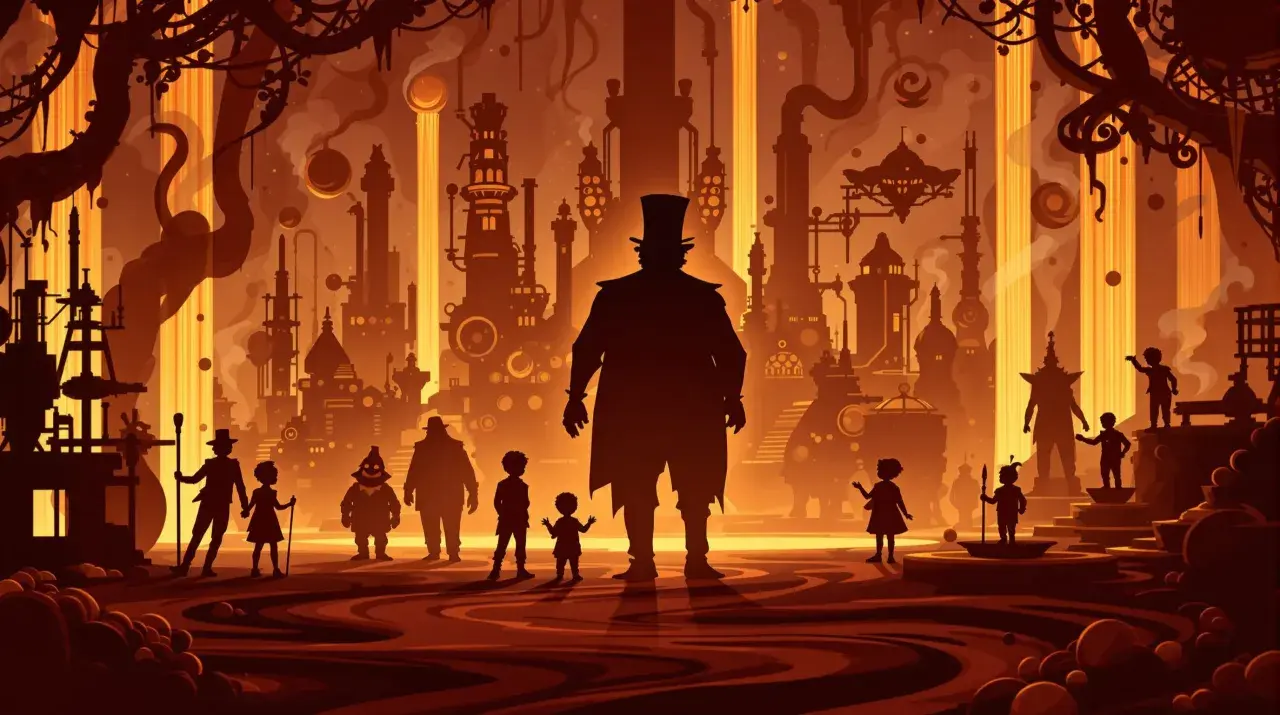 En silhuett av en man med hög hatt står framför en surrealistisk, gyllene stad. Barn och andra figurer omger honom, som hämtade ur filmer med Tim Burton.