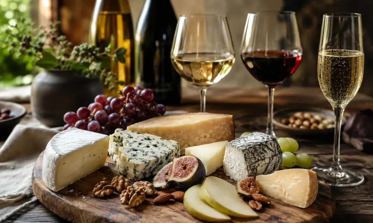 Käseplatte mit Trauben, Feigen und Nüssen, dazu ein Glas Rotwein und ein Glas Sekt. Ein Genuss für jeden Liebhaber von **fumé wein**.