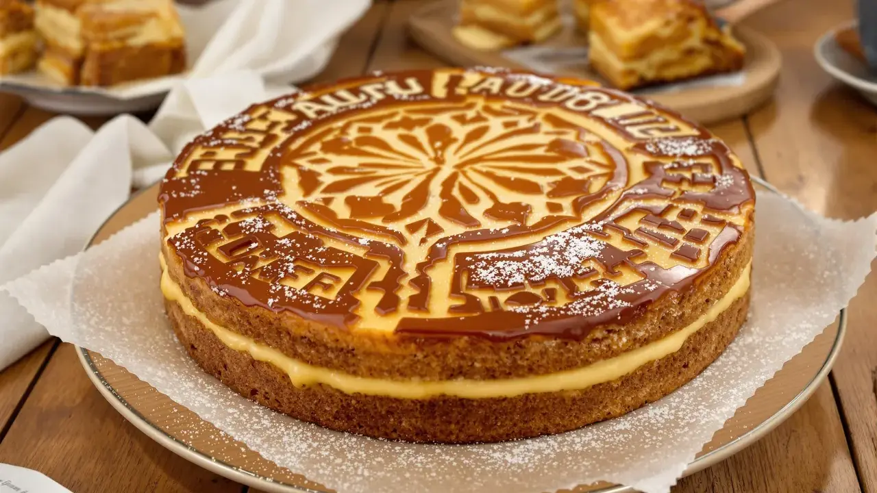 Gâteau basque à la crème, un délice doré avec un motif caramel et une garniture onctueuse. Parfait pour un goûter gourmand.