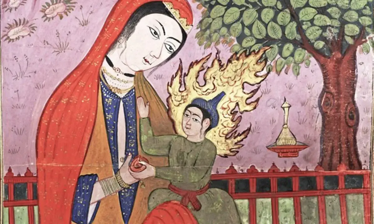 Eine Illustration von Maria im Islam. Sie hält ein Kind, das von Flammen umgeben ist.