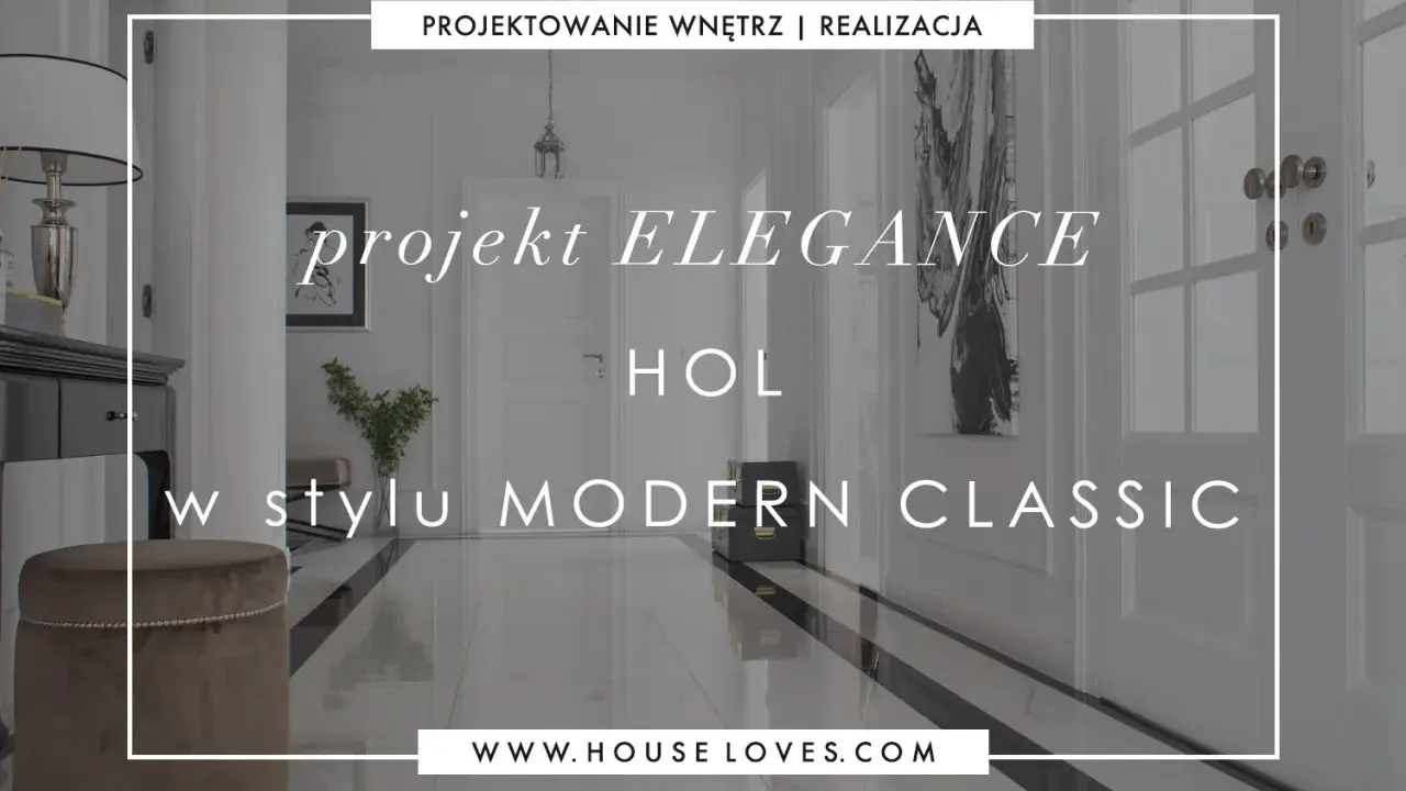 Elegancki przedpokój modern classic z błyszczącą podłogą, lustrzaną komodą i aksamitnym pufem.