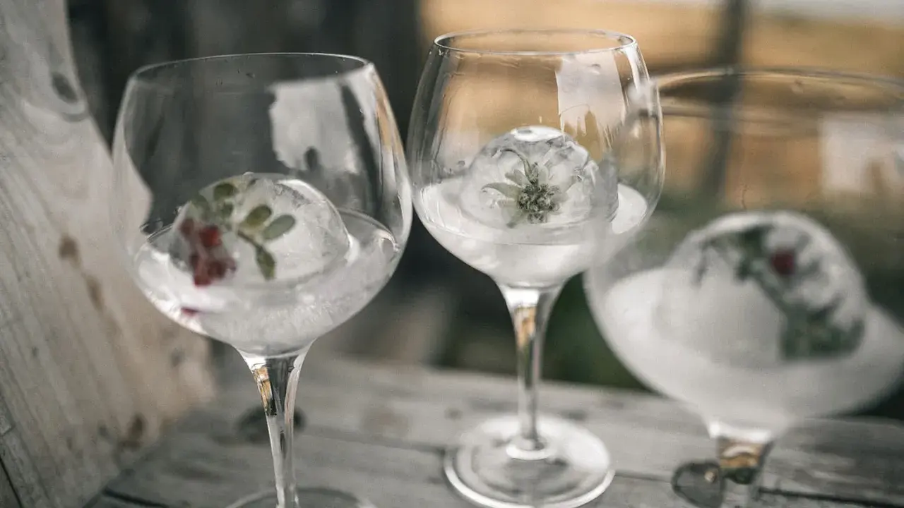 Drei Gläser mit Gin Tonic Water, gefrorene Eisbälle mit Kräutern und Beeren.