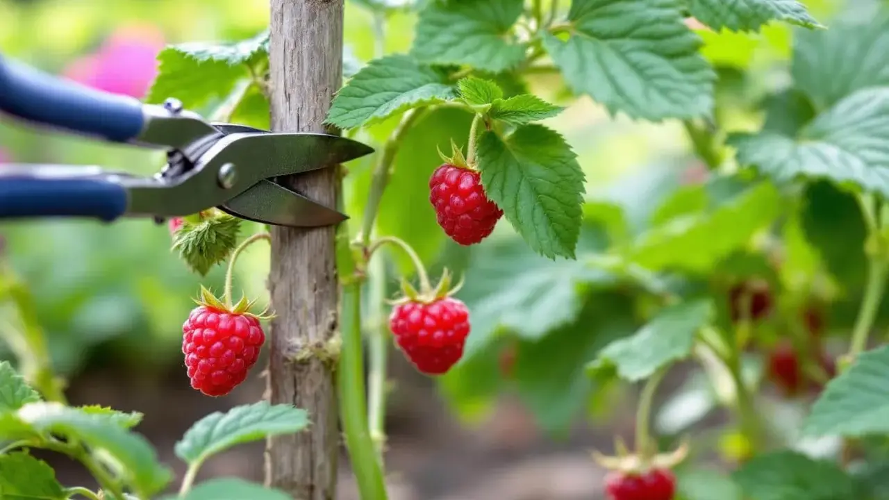 Des framboises rouges mûres pendent sur une tige, prêtes à être cueillies. C'est le moment idéal pour savoir quand pousse les framboises.