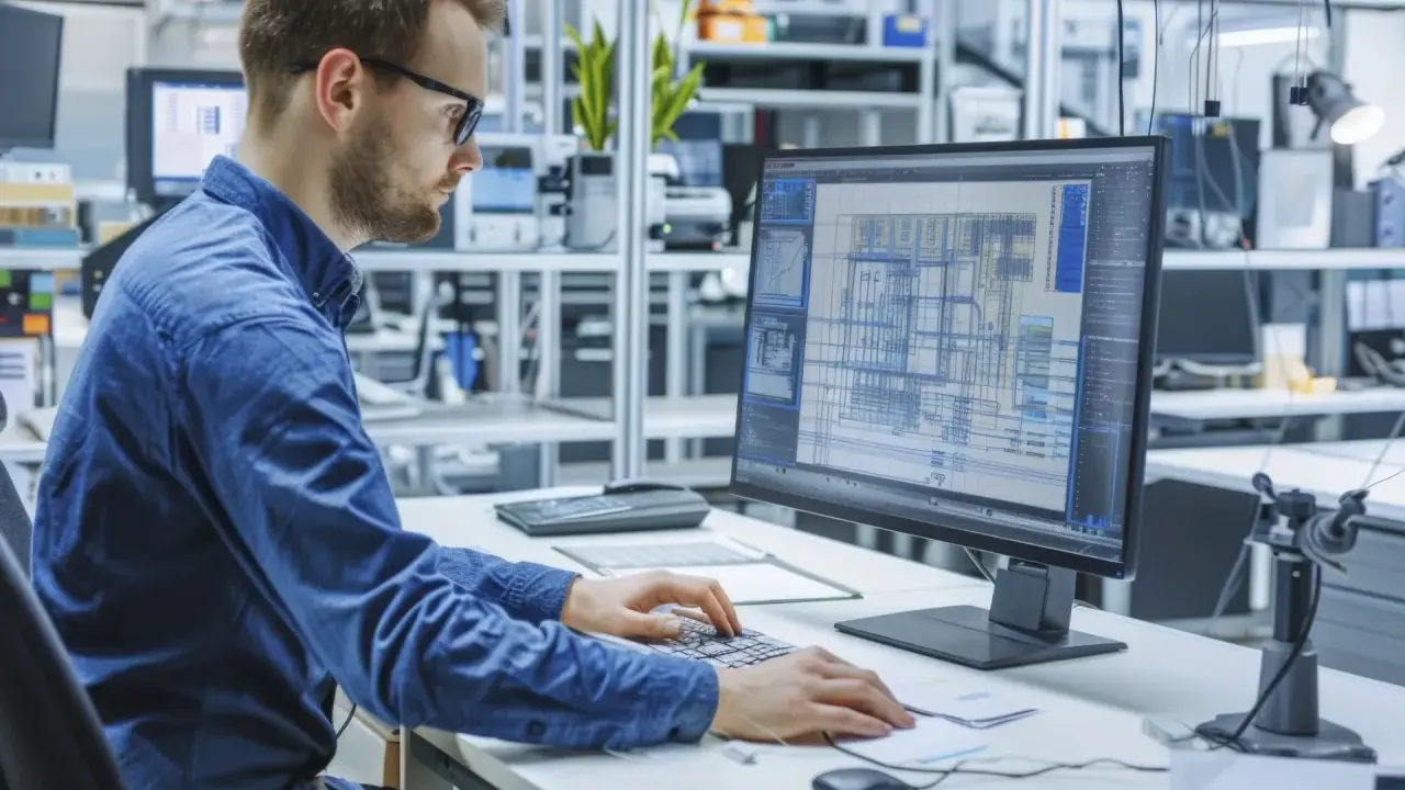 Un disegnatore CAD lavora al computer, creando schemi complessi.