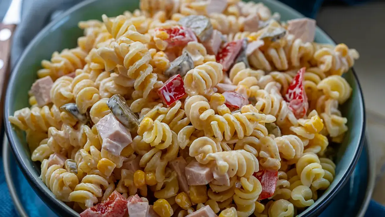 Schüssel mit cremigem, schneller Nudelsalat, gefüllt mit Spiralnudeln, Schinkenwürfeln, Mais und Paprika. Perfekt für ein schnelles Mittagessen.