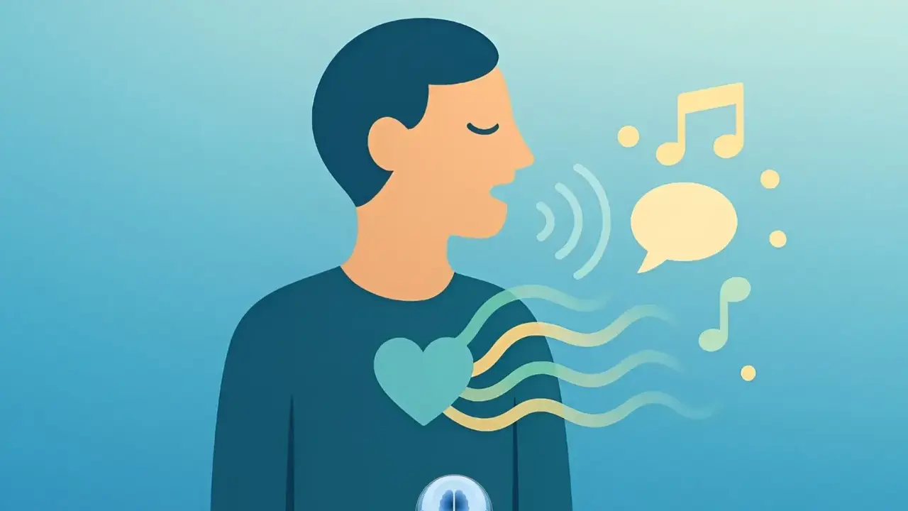 Uomo che parla, con un cuore che pulsa e onde che si propagano, simboleggiando il bisogno di liberare le emozioni attraverso la voce e la musica.