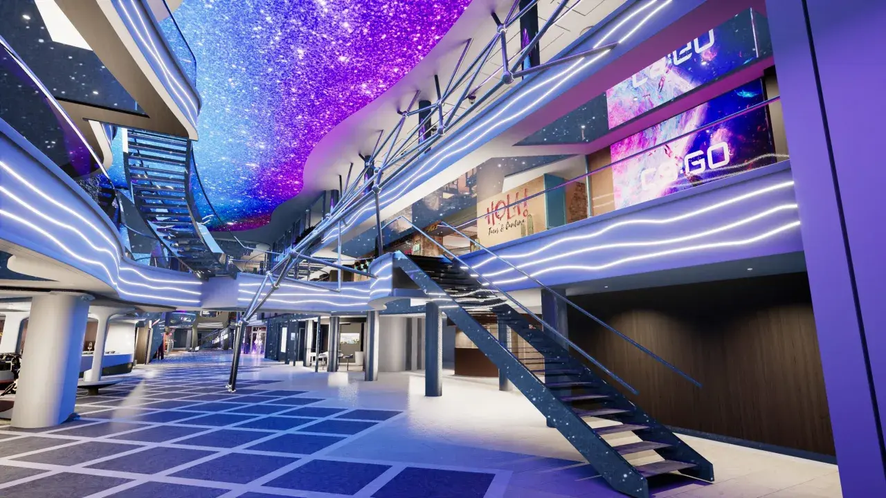 Interni moderni di una nave MSC in Europa, con soffitto a LED stellato e luci al neon.