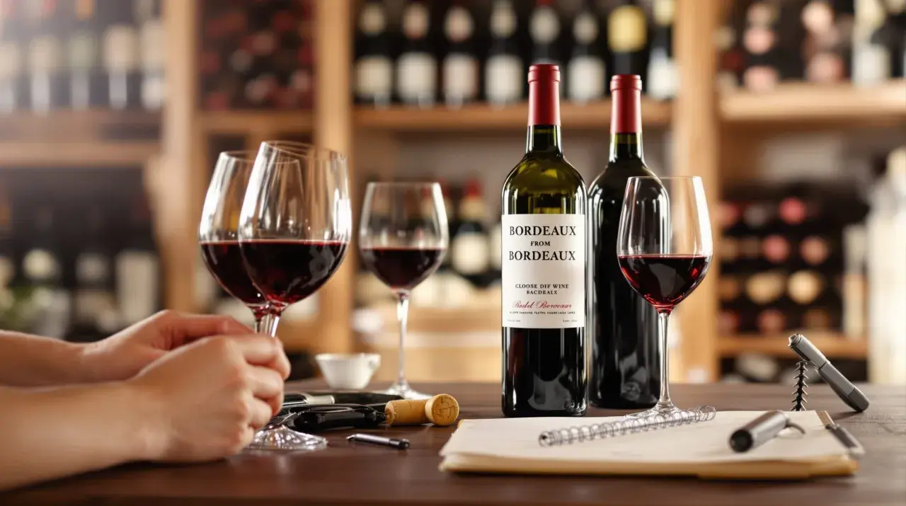 Dégustation de vins de la rive droite de Bordeaux, avec des verres remplis, des bouteilles et un carnet pour prendre des notes.