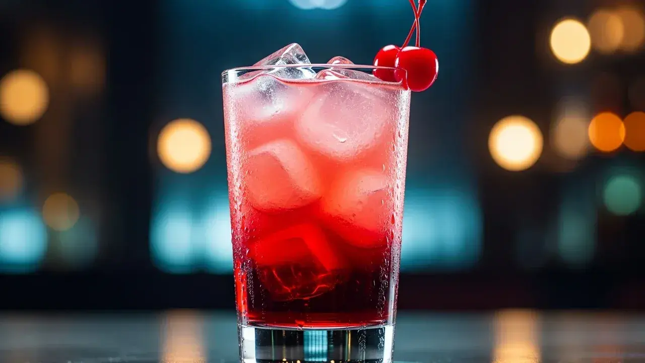En röd drink med is och körsbär, som en brandbil som parkerat vid en bar.