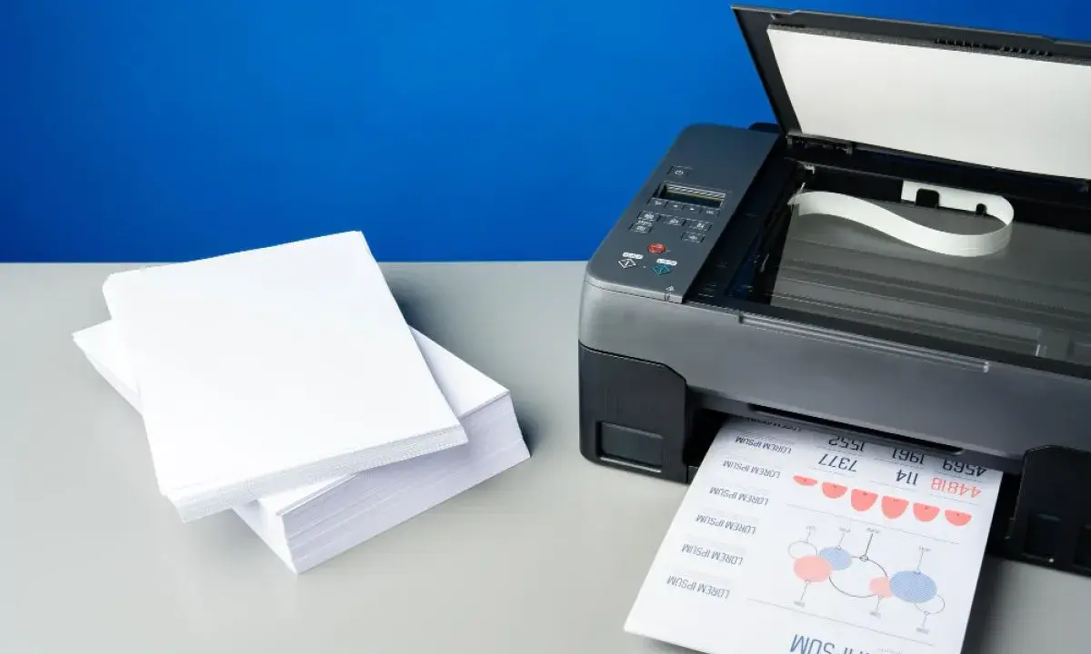 Stos białego papieru obok drukarki, która właśnie drukuje dokument. Idealna klasa papieru do biurowych zastosowań.