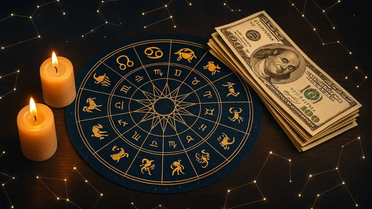 Zodiakalny krąg i banknoty dolarów sugerują horoskop finansowy dzienny. Dwie świece dodają tajemniczości.