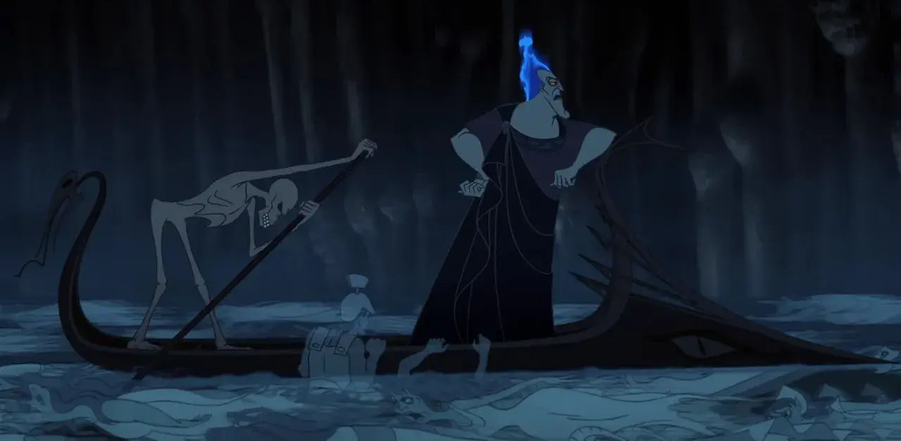 Hades, Herrscher der Unterwelt der griechischen Sage, steht auf einem Boot, während Charon rudert. Geister treiben im Wasser.