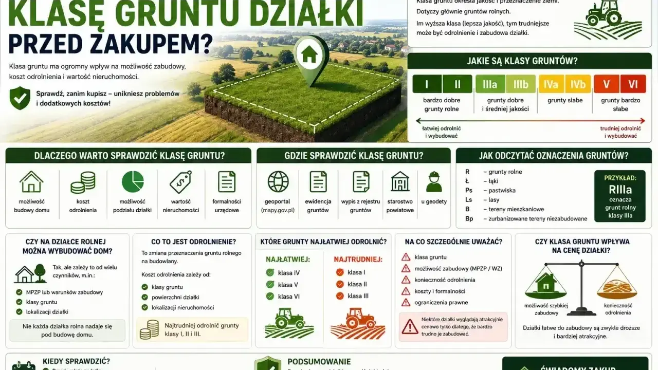Plan zabudowy działki lub szkic sytuacyjny z informacjami o klasie gruntu, jego odrolnieniu i wpływie na cenę.