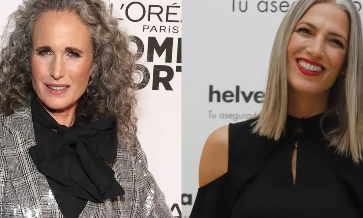 Dos mujeres con cabello canoso: una con rizos grises y traje a cuadros, la otra con cabello liso y vestido negro. Transición a las canas con mechas.