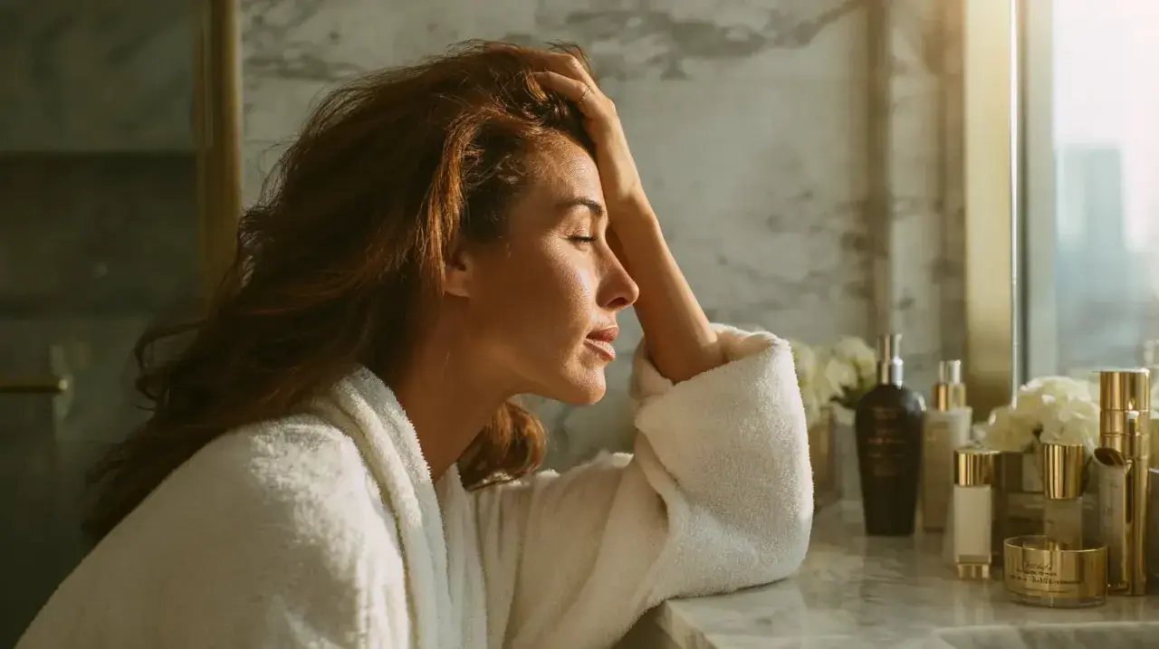Femme en peignoir blanc, main sur la tête, le regard perdu. Elle semble ressentir de la fatigue et une perte de cheveux.