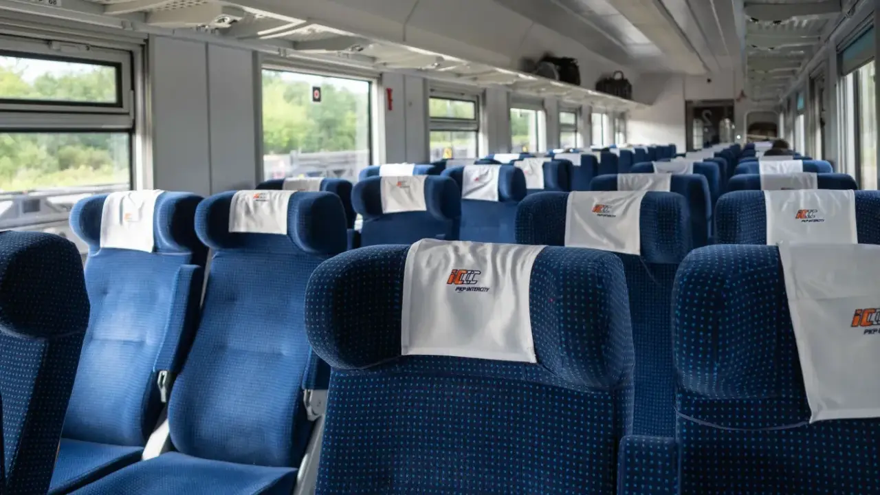 Puste niebieskie siedzenia w wagonie PKP Intercity z zagłówkami z logo.
