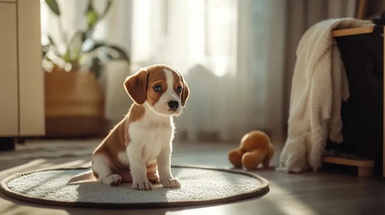 Un chiot adorable assis sur un tapis, se demandant à quel âge un chien est propre.