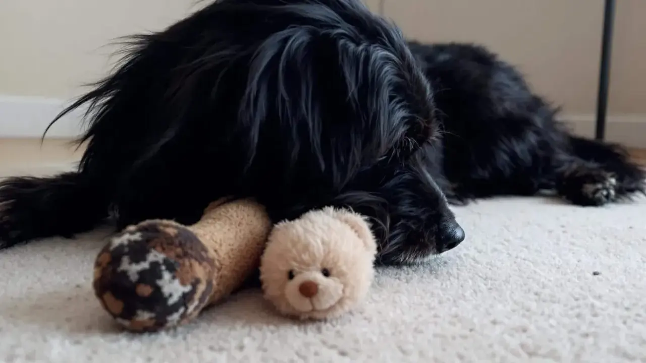 Un chien noir se repose sur un tapis, blotti contre ses jouets. Il semble réfléchir à en combien de temps un chien s'attache à son maître.